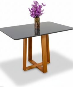 Mesa de Jantar Pedro 120x80 Vidro Grafite/Base Madeira Art Assento - Entregue Montada