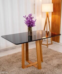 Mesa de Jantar Pedro 120x80 Vidro Preto/Base Madeira Art Assento - Entregue Montada
