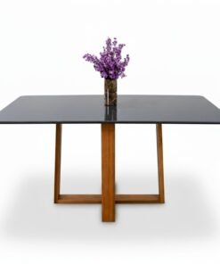 Mesa de Jantar Pedro 160x80 Vidro Grafite/Base Madeira Art Assento - Entregue Montada