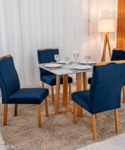Mesa de Jantar Pedro 90x90 Vidro Off/Base Madeira + 4 Cad. Lisboa Veludo Azul 503 Madeira Art Assento - Entregue Montada