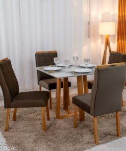 Mesa de Jantar Pedro 90x90 Vidro Off/Base Madeira + 4 Cad. Lisboa Veludo Marrom 509 Madeira Art Assento - Entregue Montada