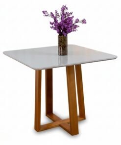 Mesa de Jantar Pedro 90x90 Vidro Off/Base Madeira Art Assento - Entregue Montada