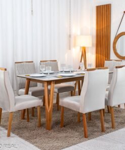 Mesa de Jantar Siena 160x90 Vidro Off/Base Madeira + 6 Cad. Lisboa Veludo Bege 512 Madeira Art Assento - Entregue Montada