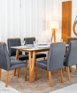 Mesa de Jantar Siena 160x90 Vidro Off/Base Madeira + 6 Cad. Lisboa Veludo Cinza 507 Madeira Art Assento - Entregue Montada