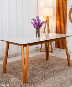 Mesa de Jantar Siena 160x90 Vidro Off/Base Madeira - Art Assento