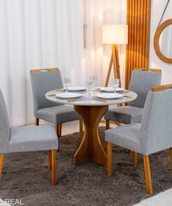Mesa de Jantar Siena Redonda 100cm Vidro Off/Base Cinamomo - Minas Plac + 4 Cad. Isabela Linho Cinza 05 Madeira KM Decor - Entregue Montada