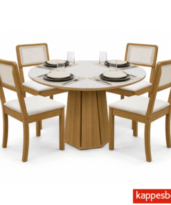 Mesa de jantar Jade BA54 Tampo Redonda 105x105cm MDF c/vidro Off White + 4 Cadeiras Gardeni Canela - Kappesberg