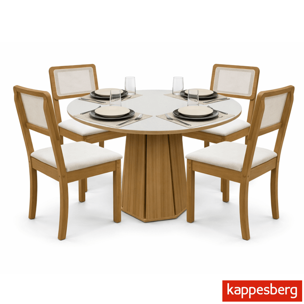 Mesa de jantar Jade BA54 Tampo Redonda 105x105cm MDF c/vidro Off White + 4 Cadeiras Gardeni Canela - Kappesberg - Imagem 2