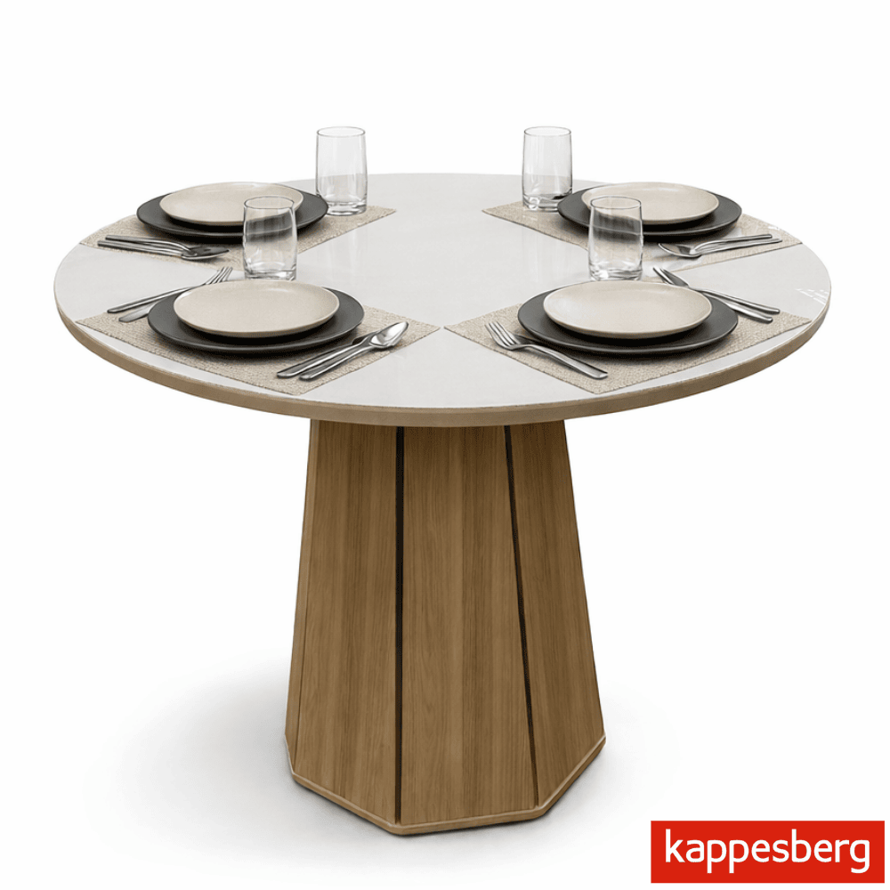 Mesa de jantar Jade BA54 Tampo Redonda 105x105cm MDF c/vidro Off White + 4 Cadeiras Gardeni Canela - Kappesberg - Imagem 3