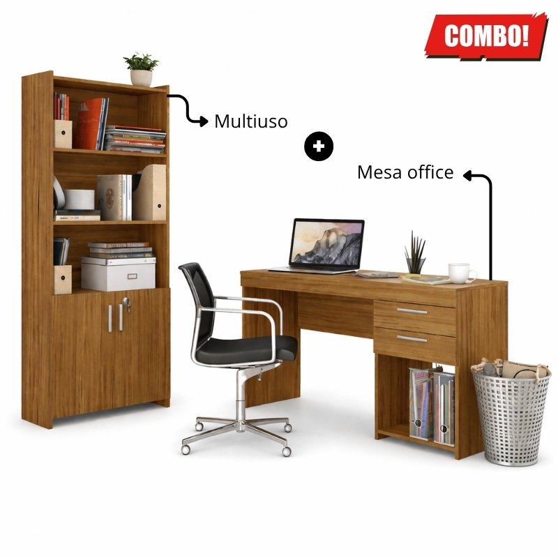 Combo - Multiuso Escritório 2 Portas Larg. 0.70m + Mesa Office NT 51015 Larg. 1.21m Freijó - Notável