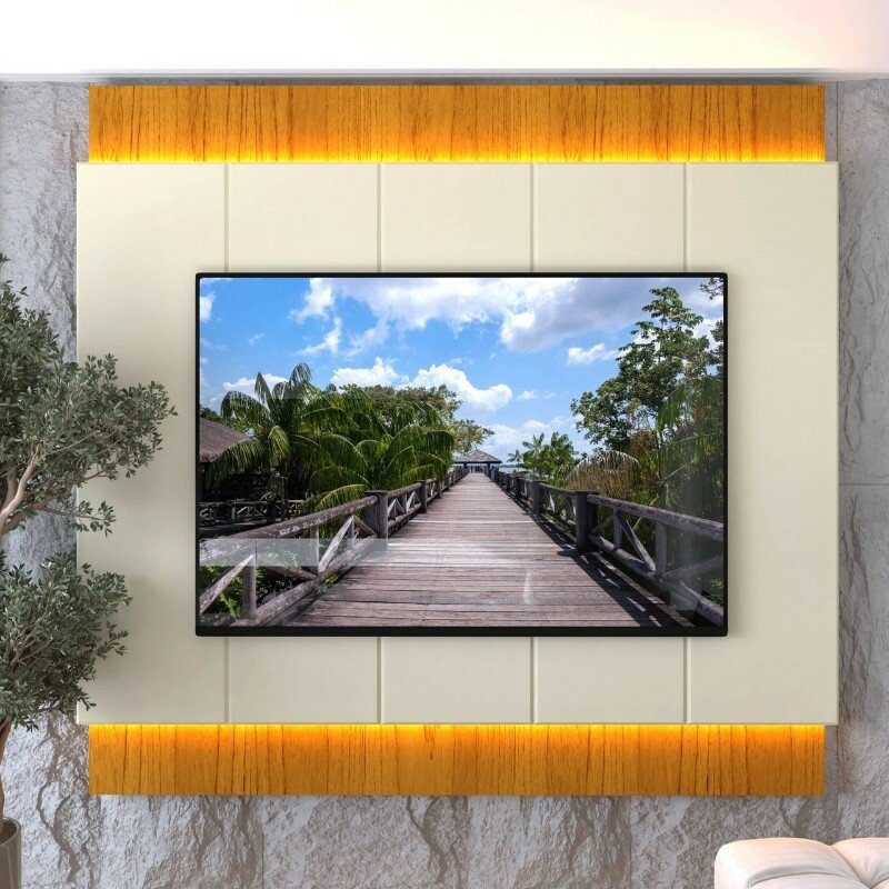 Painel Magnífico 220 Larg. 2.18m Nature/Off C/LED e Detalhe Ripado para TV até 85" - Gelius - Imagem 2