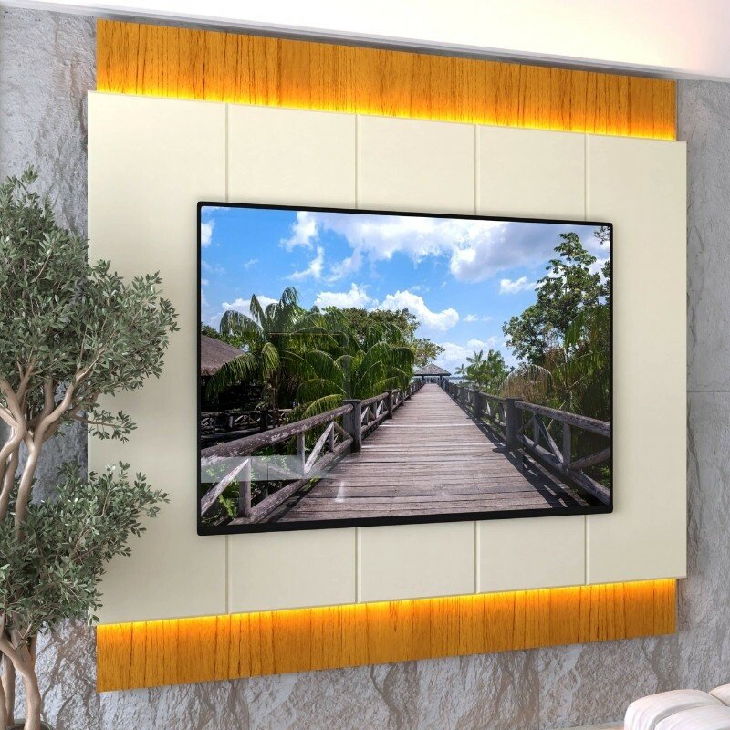 Painel Magnífico 220 Larg. 2.18m Nature/Off C/LED e Detalhe Ripado para TV até 85" - Gelius - Imagem 3