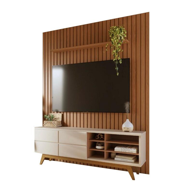 Bancada Noronha Larg. 1.80m Off/Freijó + Painel Ripado Niágara Freijó Larg. 1.95m Colibri - Para TV até 82 - Imagem 2