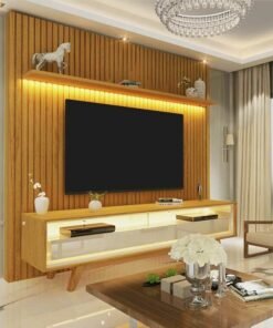 Rack Requinte Larg. 1.72m Naturale/off + Painel Nobre Larg. 1.85m Naturale Ripado C/ Led 100% MDF TV até 75" - Gelius
