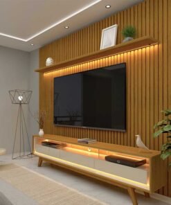 Rack Requinte Larg. 2.12m Naturale/off + Painel Nobre Larg. 2.30m Naturale Ripado C/ Led 100% MDF TV até 85" - Gelius