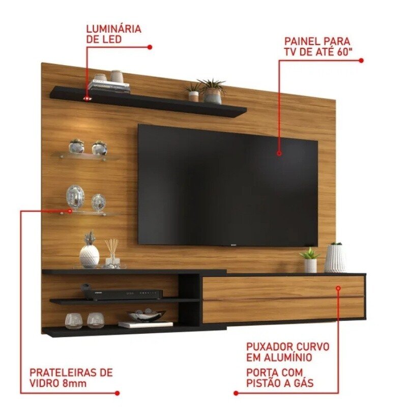 Painel NT 1115 Larg. 1.80m Freijó/Preto C/ Led para TV até 60"- Notável - Imagem 7