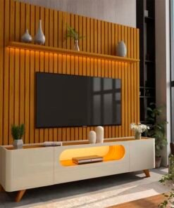Rack Nobre Larg. 2.10m Off/Naturale + Painel Nobre Larg. 2.30m Naturale Ripado C/ Led 100% MDF TV até 85"- Gelius