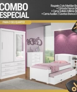 Combo - Roupeiro Merídian 2 Pts Branco + Cômoda Firenze Branco + Cama Milênio Branca + Cama Auxiliar 2 Gavetas Branca - D Doro