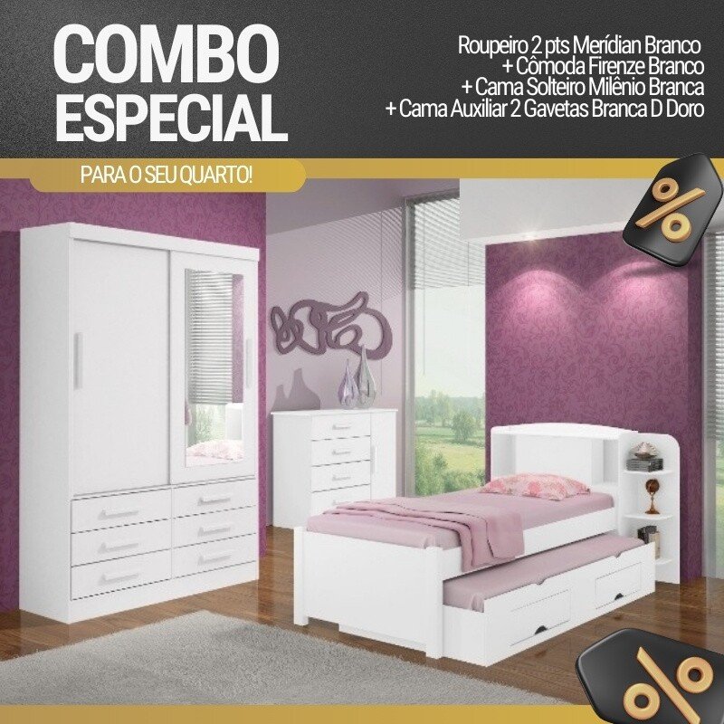 Combo - Roupeiro Merídian 2 Pts Branco + Cômoda Firenze Branco + Cama Milênio Branca + Cama Auxiliar 2 Gavetas Branca - D Doro - Imagem 15