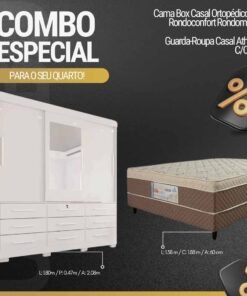 Combo - Roupeiro Athenas C/Espelho 3 Pts. 9 Gav. Branco Larg. 1.80m C/Pés Bianchi + Cama Unibox D33 Rondoconfort Rondomóveis