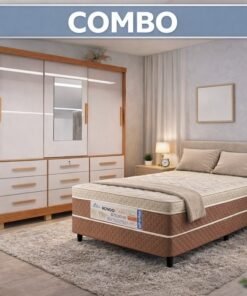 Combo - Roupeiro Casal Athenas Nature/Off 3 Portas 9 Gavetas C/ 1 Espelho e Pés 100% MDF Larg. 1.80m - Bianchi + Cama Box Casal Ortopédico Rondoconfort D33 - Rondomóveis | Suporta até 300kg