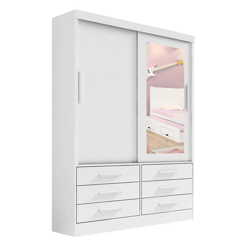 Combo - Roupeiro Merídian 2 Pts Branco + Cômoda Firenze Branco + Cama Milênio Branca + Cama Auxiliar 2 Gavetas Branca - D Doro - Imagem 2