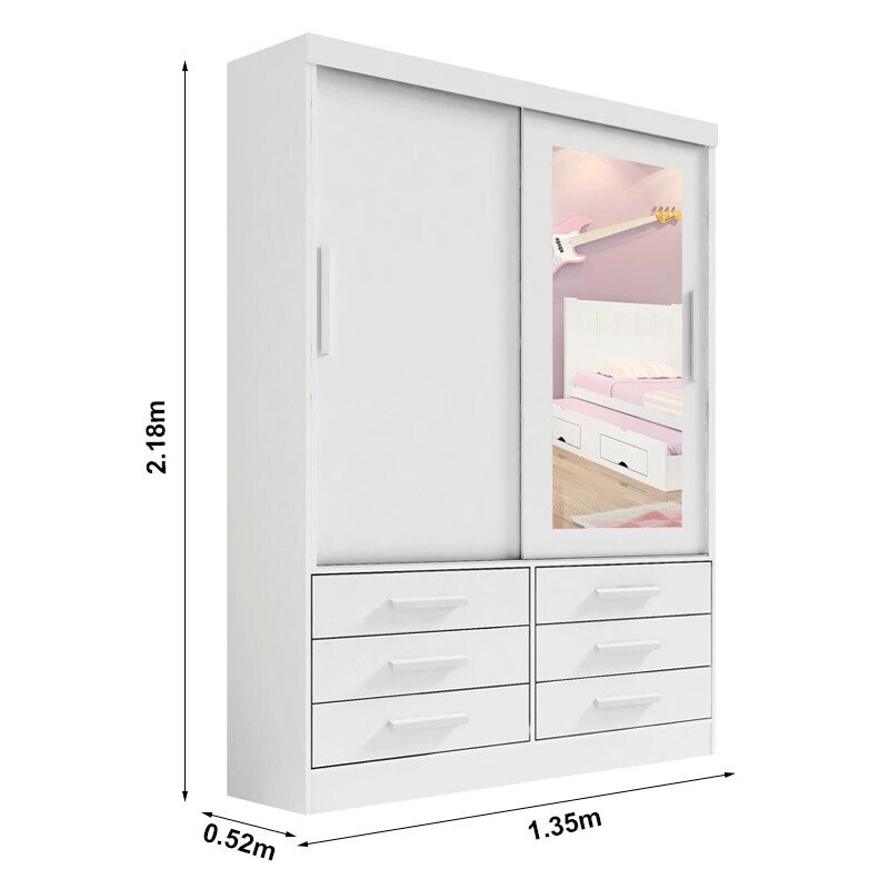 Combo - Roupeiro Merídian 2 Pts Branco + Cômoda Firenze Branco + Cama Milênio Branca + Cama Auxiliar 2 Gavetas Branca - D Doro - Imagem 6