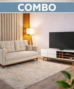 Combo - Sofá 3 lugares Living Califórnia Veludo Bege Larg. 1.82m + Bancada Noronha Larg. 1.80m Off/Freijó para TV até 70" Colibri