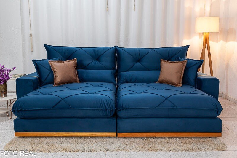 Sofá Retrátil Reclinável Gran Bello 2.90m Veludo Azul - Molas Ensacadas - Imagem 2