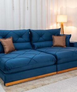 Sofá Retrátil Reclinável Gran Bello 2.90m Veludo Azul - Molas Ensacadas