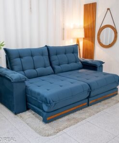 Sofá Retrátil Reclinável Barcelona 2.30m Veludo Azul 325 - D33 e Molas Ensacadas