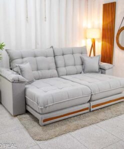 Sofá Retrátil Reclinável Barcelona 2.50m Linho Cinza 461 + 2 Almofadas - Espuma D33 e Molas Ensacadas Pocket