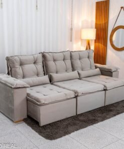 Sofá Retrátil Reclinável Grécia 2.70m Veludo Bege - Sem Caixa