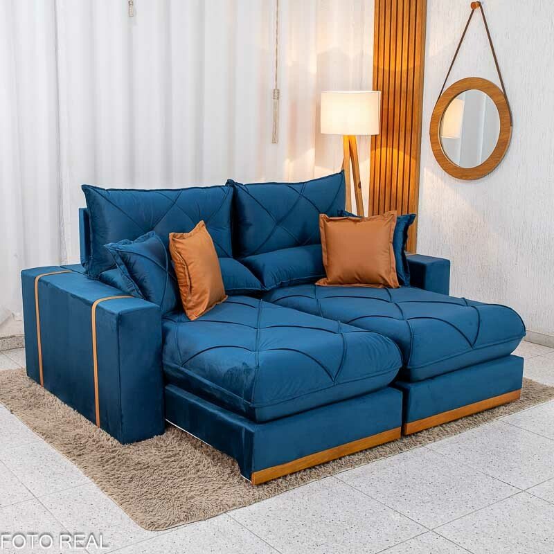 Sofá Retrátil Reclinável Gran Bello 2.00m Veludo Azul - Molas Ensacadas