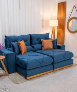 Sofá Retrátil Reclinável Gran Bello 2.30m Veludo Azul 03 - Molas Ensacadas Pocket