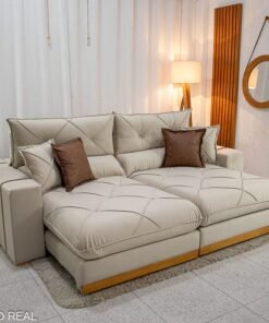Sofá Retrátil Reclinável Gran Bello 2.30m Veludo Bege - Molas Ensacadas Pocket