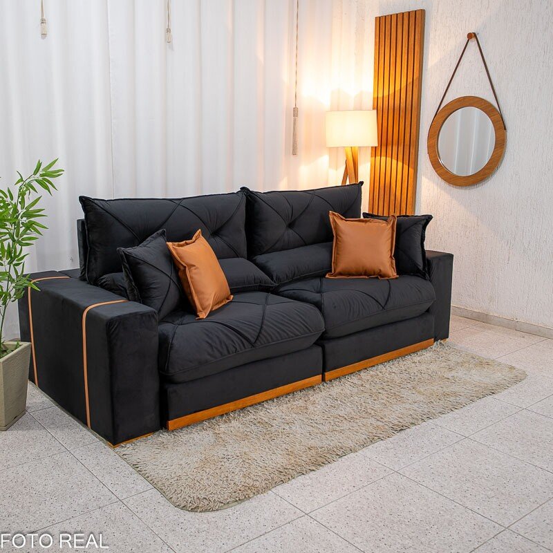 Sofá Retrátil Reclinável Gran Bello 2.30m Veludo Preto 21 - Molas Ensacadas Pocket - Imagem 3