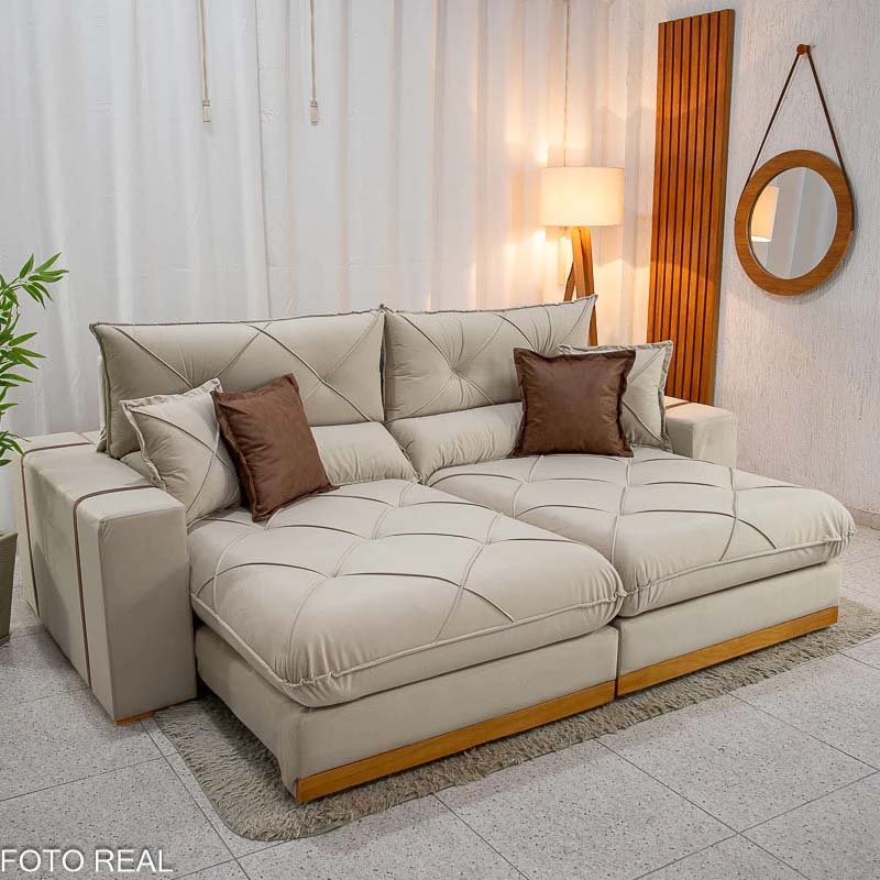 Sofá Retrátil Reclinável Gran Bello 2.90m Veludo Bege 01- Molas Ensacadas