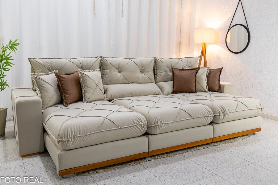 Sofá Retrátil Reclinável Gran Bello 3.20m Veludo Bege Claro - Molas Ensacadas - Imagem 4