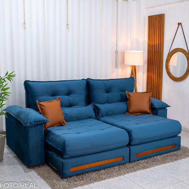Sofá Retrátil Reclinável Imperial 2.50m Veludo Azul 03 - D33 e Molas Ensacadas