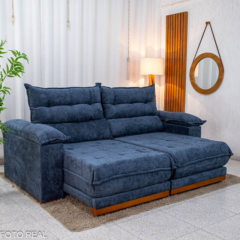 Sofá Retrátil Reclinável Itaúna 2.50m Chenille Azul 575 - Molas Ensacadas