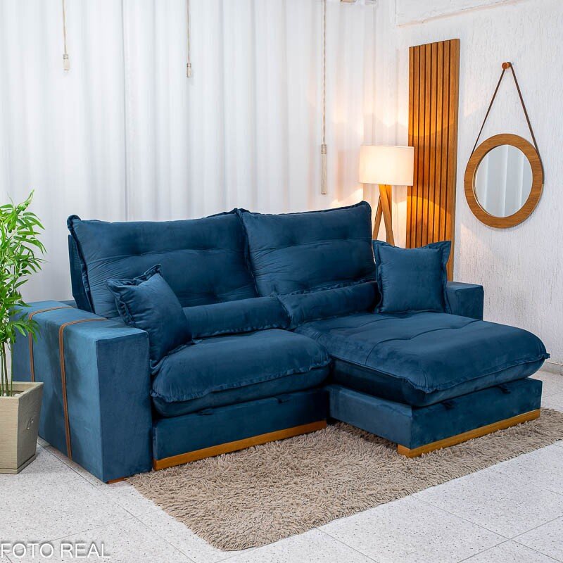 Sofá Retrátil Reclinável Mônaco 2.50m Veludo Azul A16 - Molas Ensacadas - Imagem 4