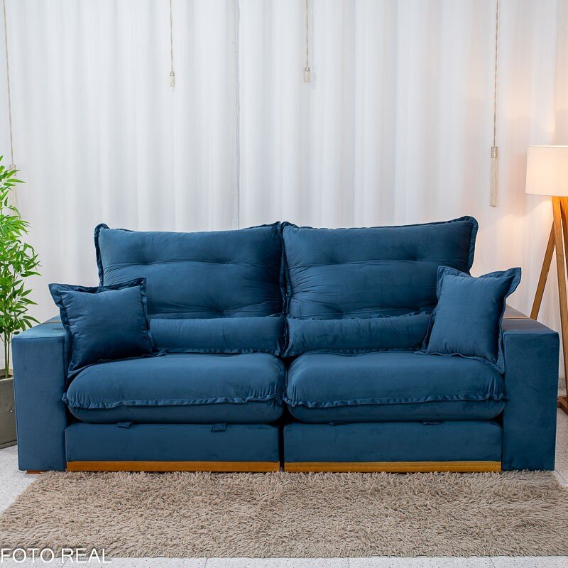 Sofá Retrátil Reclinável Mônaco 2.50m Veludo Azul A16 - Molas Ensacadas - Imagem 6