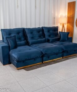 Sofá Retrátil Reclinável Mônaco 3.20m Veludo Azul A16 - Molas Ensacadas