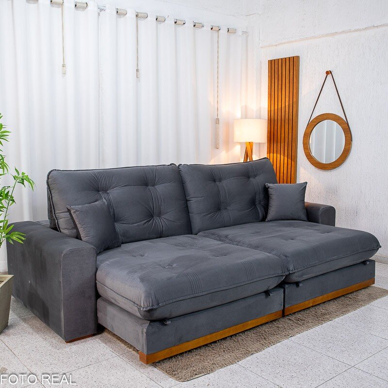 Sofá Retrátil Reclinável Ruah 2.90m Veludo Chumbo 4053 - Molas Ensacadas