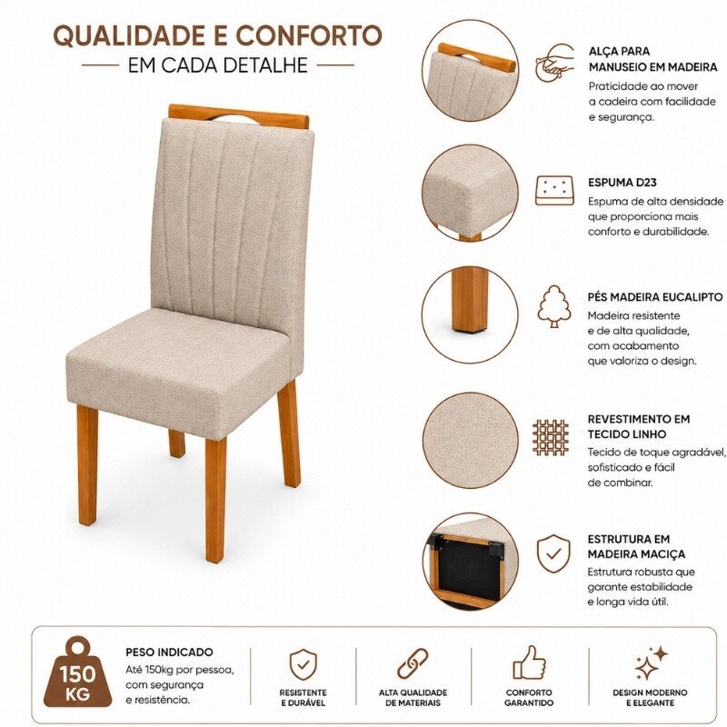2 Cadeiras Gabi Linho Bege B Escuro Madeira Maciça Bom Lar - Entregue Montada - Imagem 3