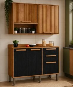 Balcão Flórida Larg. 1.20m Cinamomo/Preto 3 Portas 2 Gavetas + Armário Aéreo Florida Larg. 1.20m Cinamomo 2 Portas Ripado - Sallêto | 1 Porta Bascula