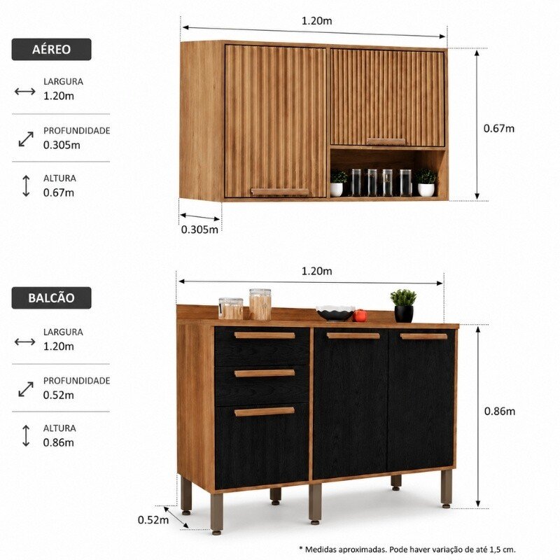 Balcão Flórida Larg. 1.20m Cinamomo/Preto 3 Portas 2 Gavetas + Armário Aéreo Florida Larg. 1.20m Cinamomo 2 Portas Ripado - Sallêto | 1 Porta Bascula - Imagem 4