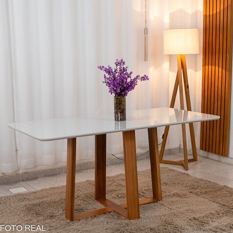 Mesa de Jantar Pedro 160x80 Vidro Off/Base Madeira Art Assento - Entregue Montada - Imagem 2