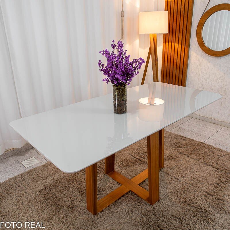 Mesa de Jantar Pedro 160x80 Vidro Off/Base Madeira Art Assento - Entregue Montada - Imagem 3
